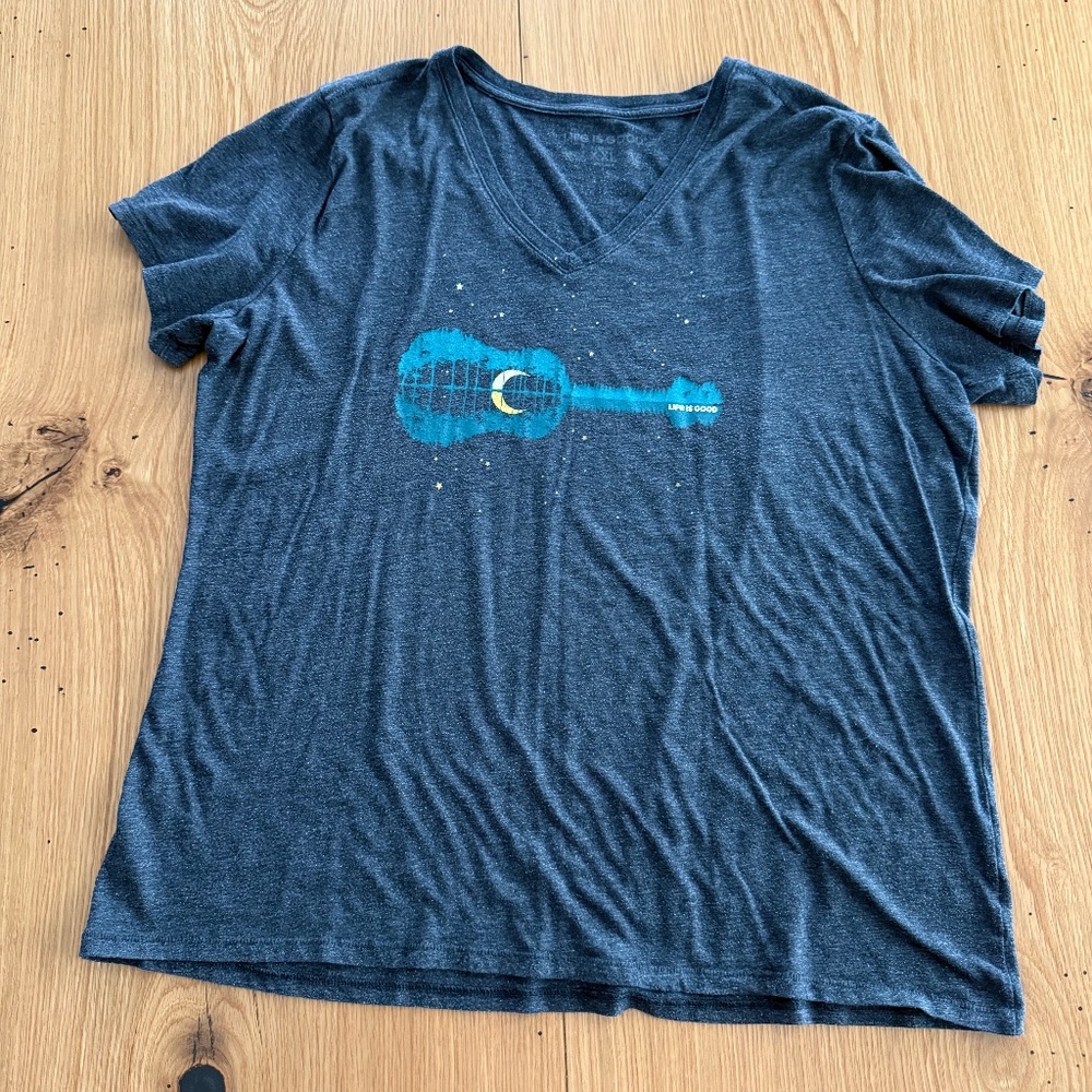 Life Is Good Lightweight Graphic Tee Shirt, Moon and Guitar, size XXL